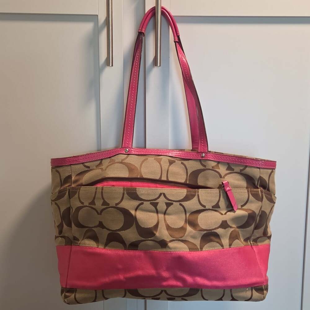 2000's Coach Signature Logo Tote Bag Large Brown Pink Diaper Bag Vtg Y2K - Picture 3 of 14